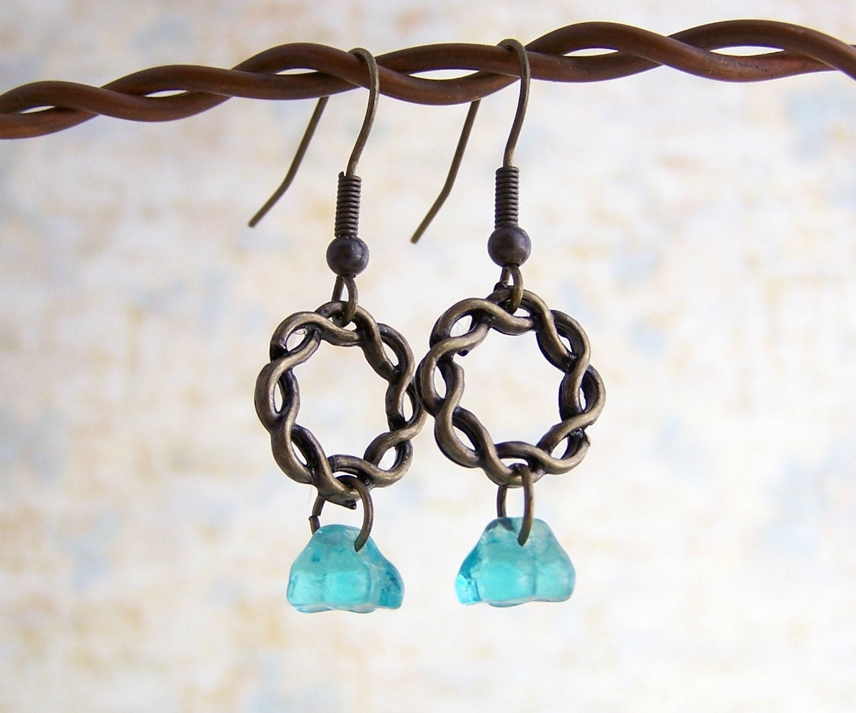 Turquoise Flower Earrings with a Brass Ring - Czech glass beads