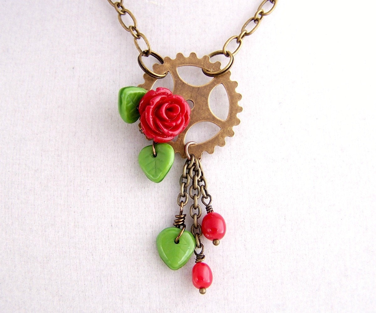 Steampunk Necklace inspired by Kaylee from Serenity & Firefly with A Red Rose and Gear - Steampunk Jewelry