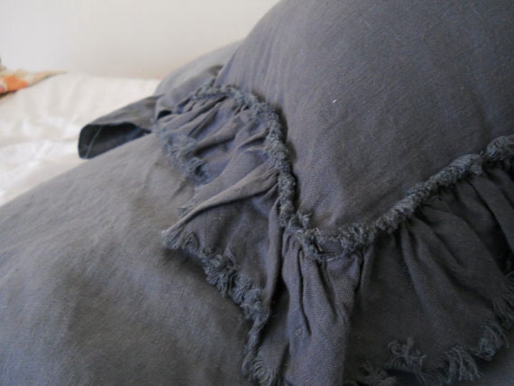 Slate Grey Linen Ruffle Throw Pillow Cover by DeerStopVintageHome