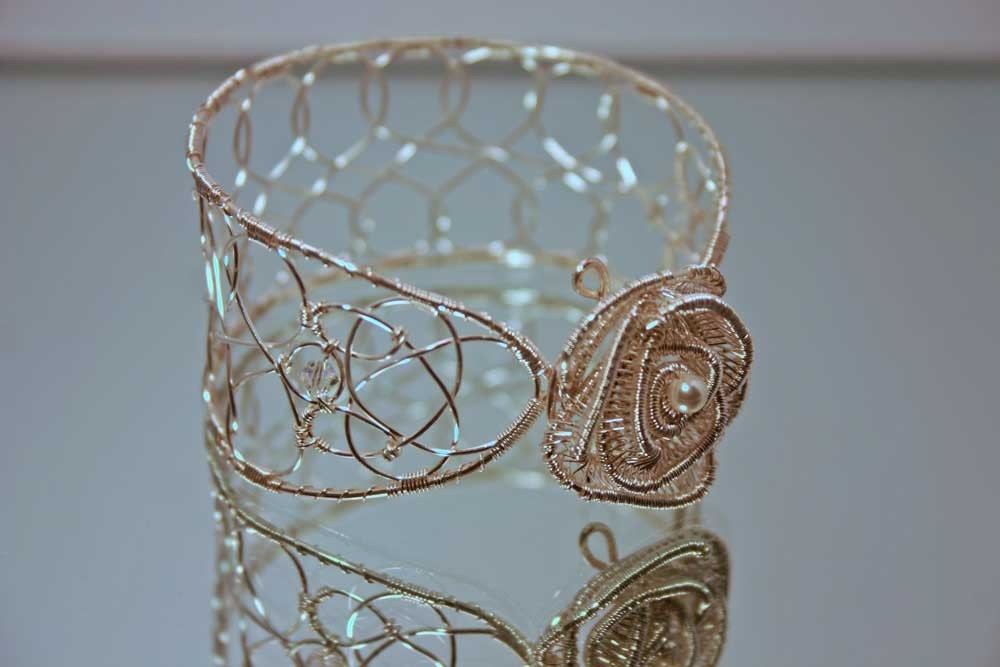 A Rose for the Bride: Rose Bangle in Silver with Crystals and Pearls