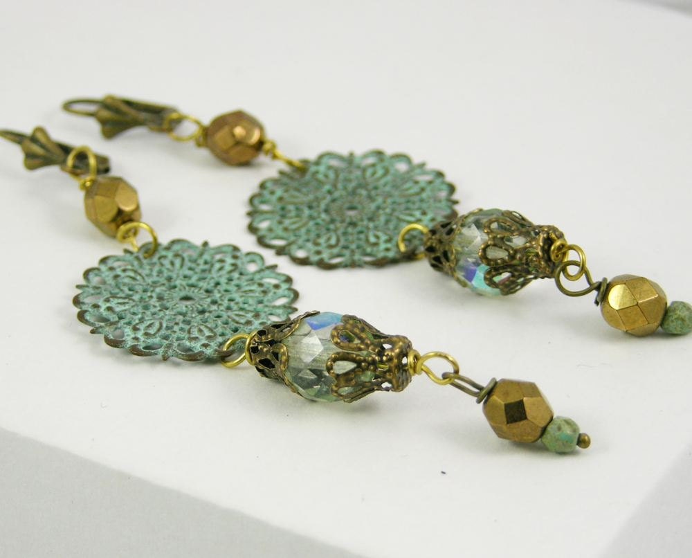 Earrings long dangle verdigris antique gold filigree lightweight vintage style boho shabby chic romantic free shipping