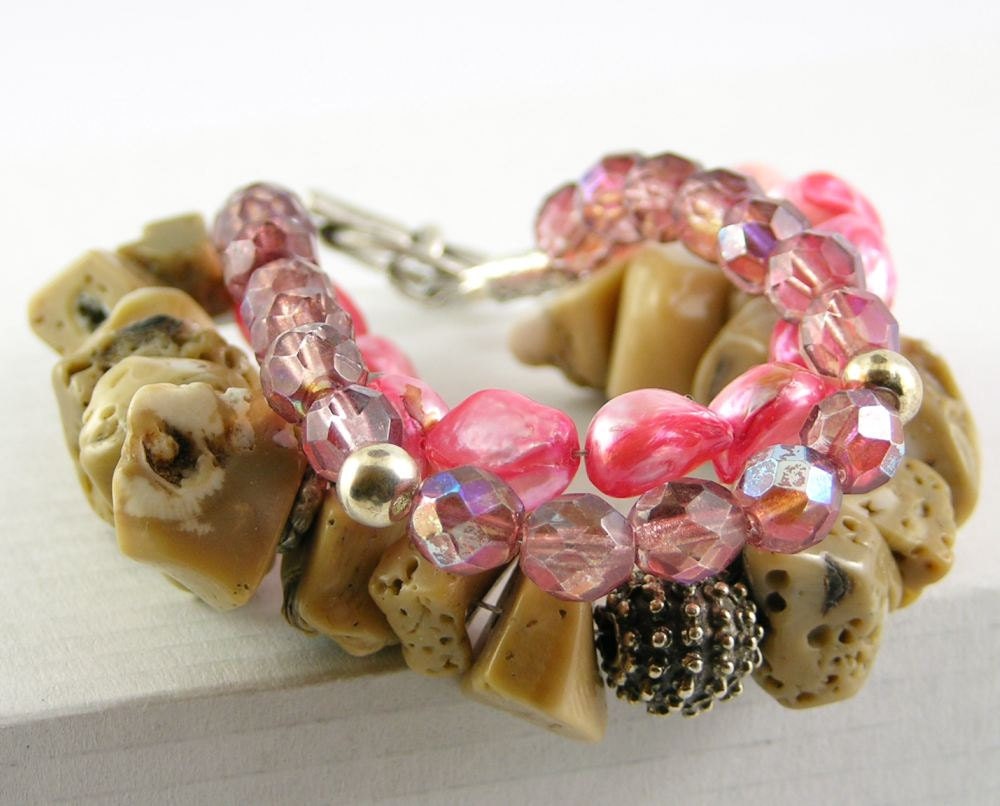 Bracelet gemstones sterling silver czech crystals pearls bamboo coral white flamingo pink rose nougat  free shipping multistrand