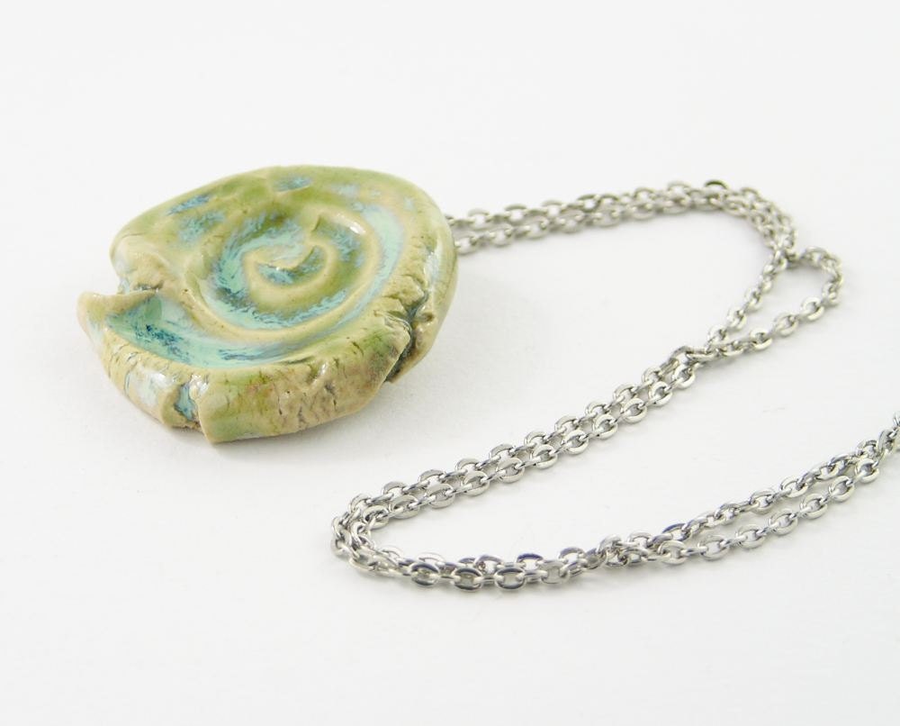 necklace choker ceramic pendant silver chain organic natural history aqua olive green sea beach modern ooak snail shell free shipping