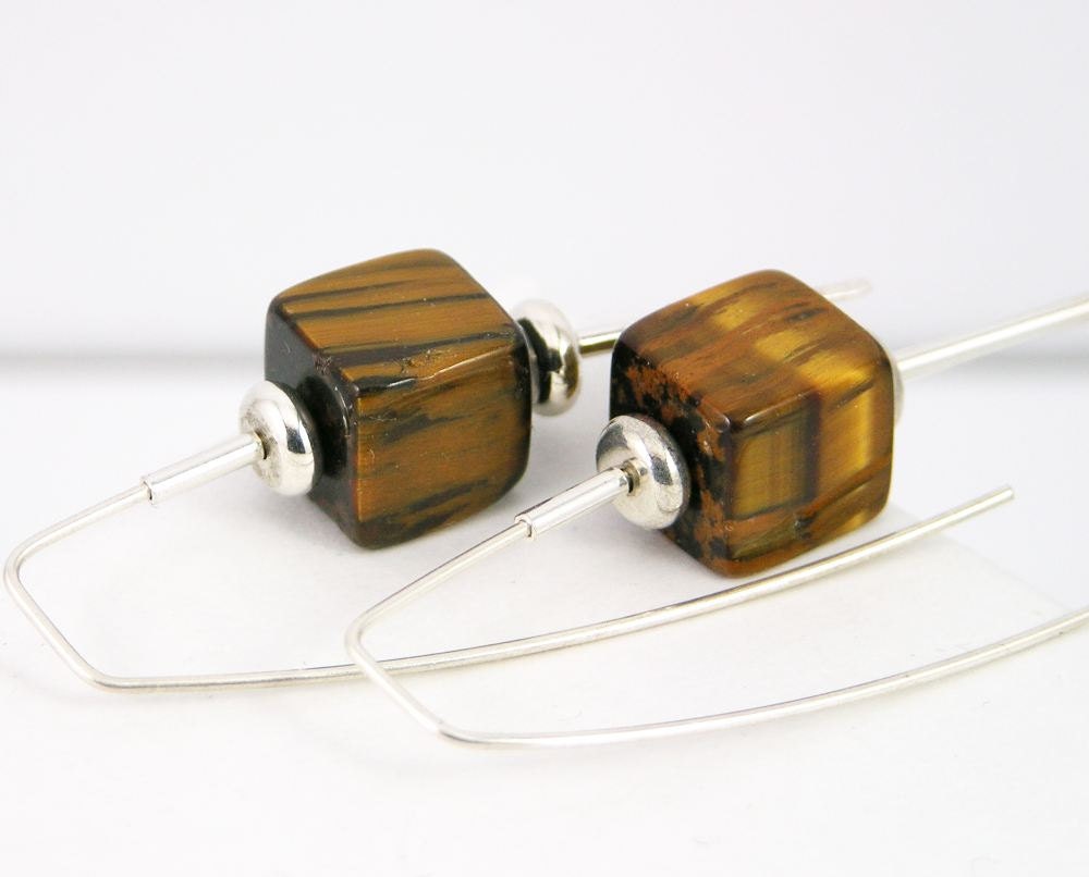 sterling silver tigers eye earrings free shipping simple minimal modern geometric lightweight brown gemstone