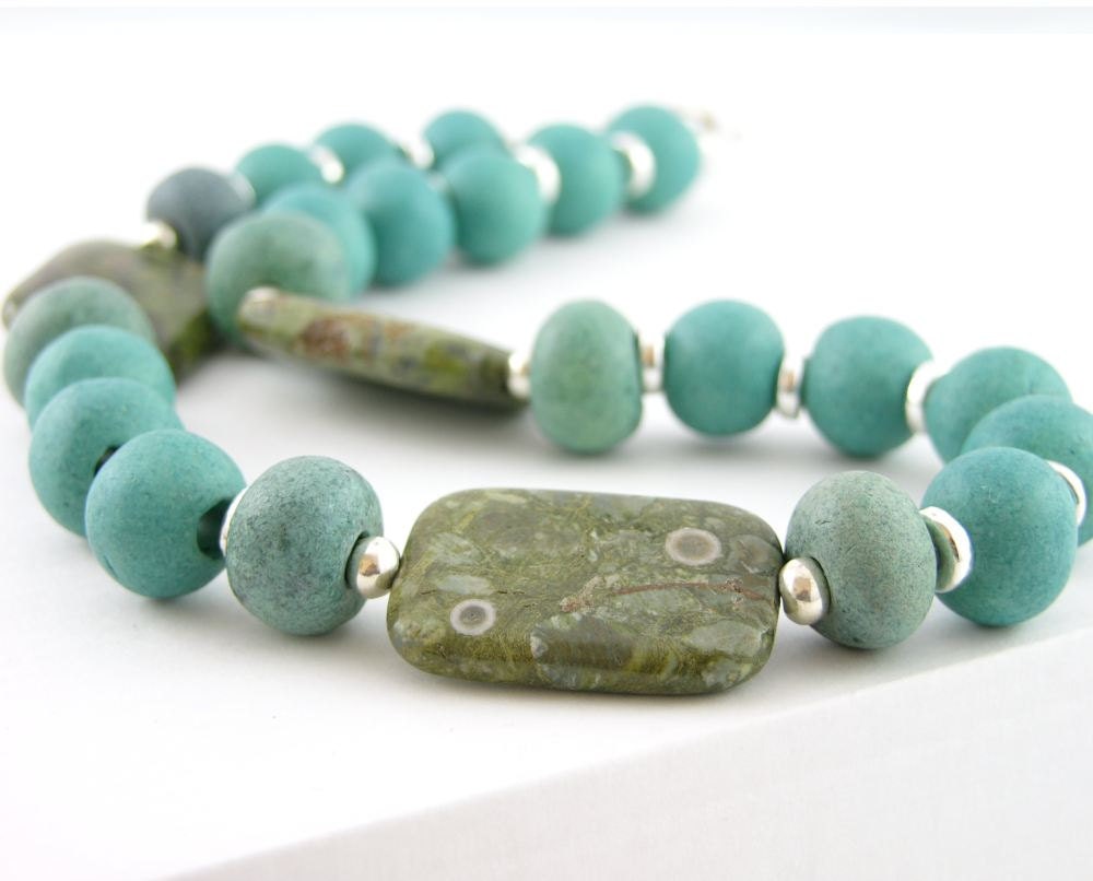 Necklace modern tribal bold silver ceramic teal green rhiolite olive green gemstone  statement flat rectangles