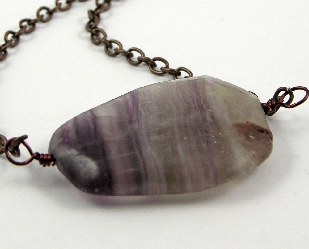 Necklace gemstone chain rainbow purple fluorite modern minimalist bold nisex flat slab fine lightweight aluminium copper tone free shipping