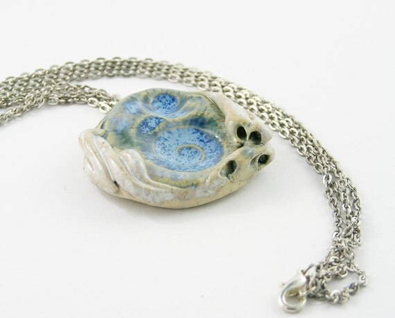 necklace choker ceramic pendant on silver chain organic nature modern swirl snail shell milky white blue sea beach free shipping