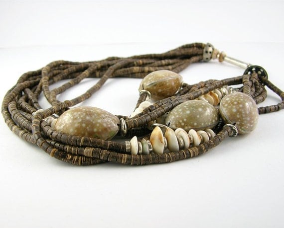 Necklace ethnic african multistrand coconut shells silver tribal statement bold organic natural