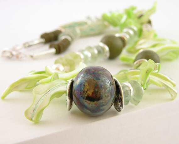 Necklace mother of pearl olive green mint green pastel recycled glass silver ceramic raku sea beach tribal statement ooak unique