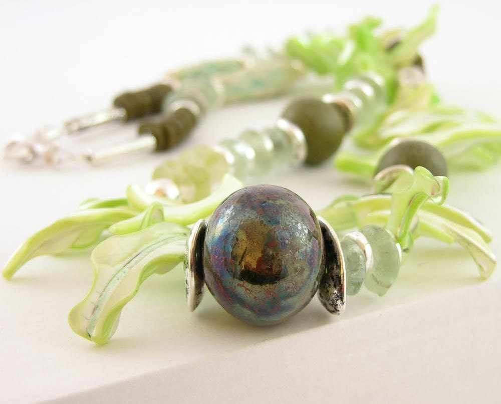 Necklace mother of pearl olive green mint green pastel recycled glass silver ceramic raku sea beach tribal statement ooak unique