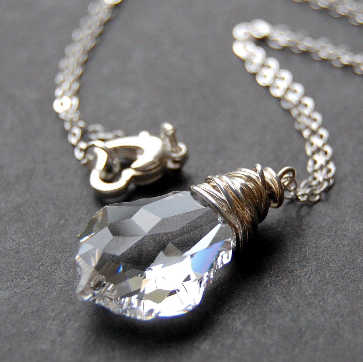 Clear Crystal Necklace, Sparkling Swarovski Crystal Wire Wrapped Baroque Briolette, Sterling Silver Cable Chain