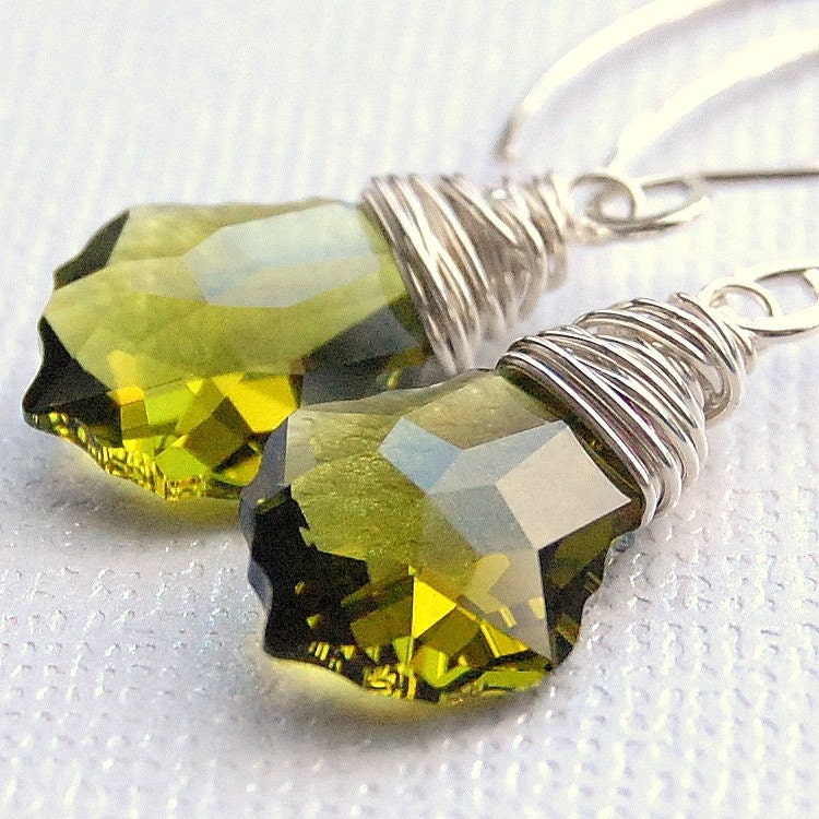 Olive Green Crystal Earrings, Olivine Swarovski Crystal Wire Wrapped Baroque Drops, Sterling Silver Earwires