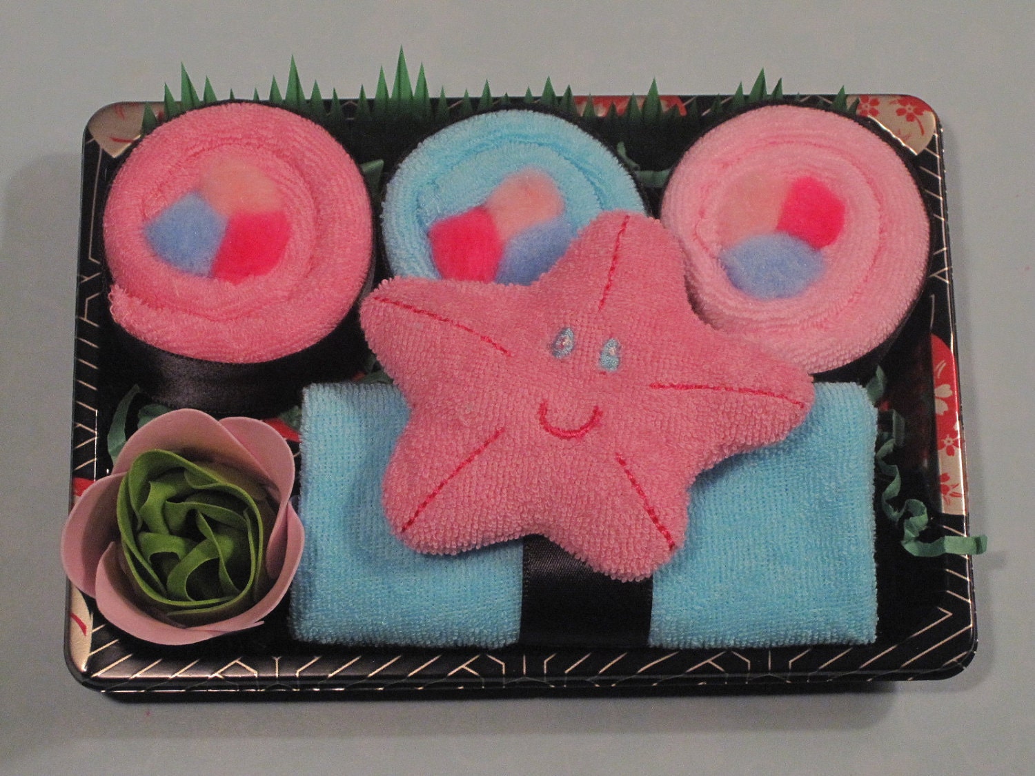 Baby Girl Washcloth Sushi - Baby Shower Gifts - Pink Star Fish Terry Bath Toy