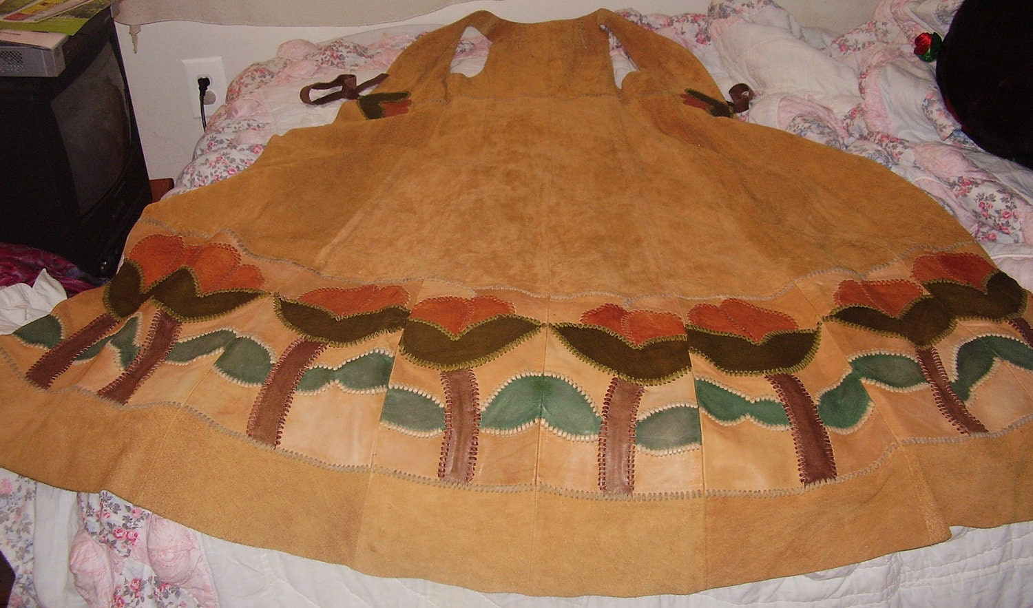 REserved For Debbie Spring PRINCESS TRIBALWEAR leather hippie patchwork dress in pristine 1960s condition model quality runway