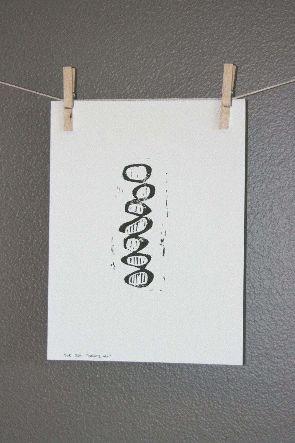 Hand Pulled Linocut Relief Mid Century Modern PRINT Black Circles with Lines 9x12