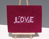 LOVE art Typography Linocut PRINT - LOVE in White on Raspberry Lama Li Paper 8x10