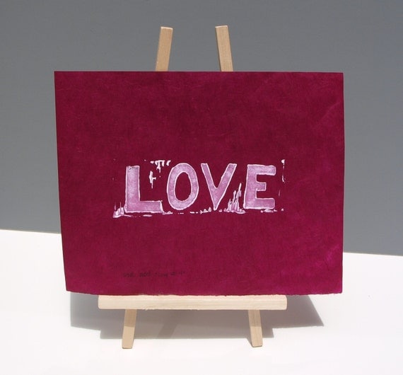 LOVE art Typography Linocut PRINT - LOVE in White on Raspberry Lama Li Paper 8x10