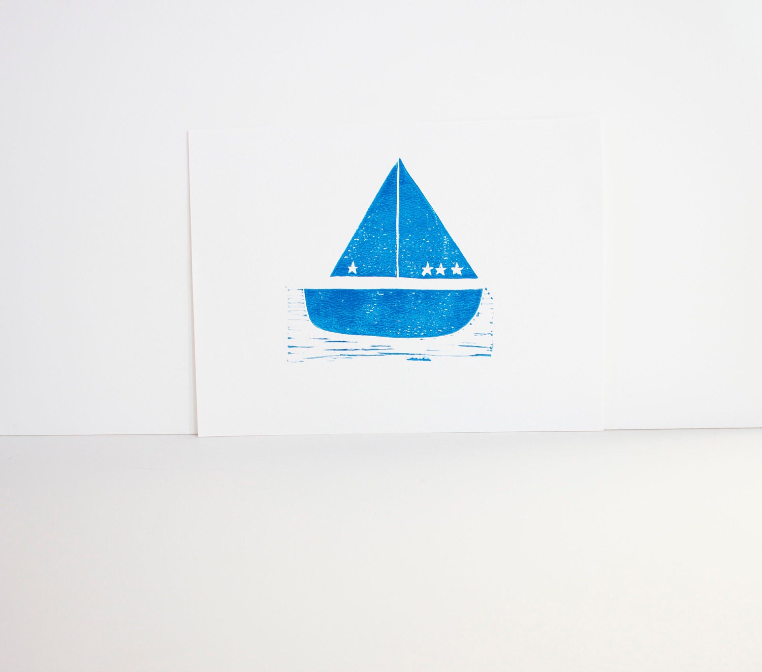 Nautical Sailboat for a Little Boy's Room Art Linocut PRINT - Ocean Blue Sailboat linocut 9x12