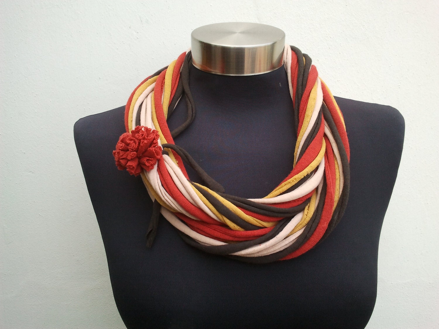 Womens scarf-Womens scarves -Multi ways scarf necklace-Infinity scarf-fashion fabric womens belt -Recycled fabric-Mustard -brown-brick red