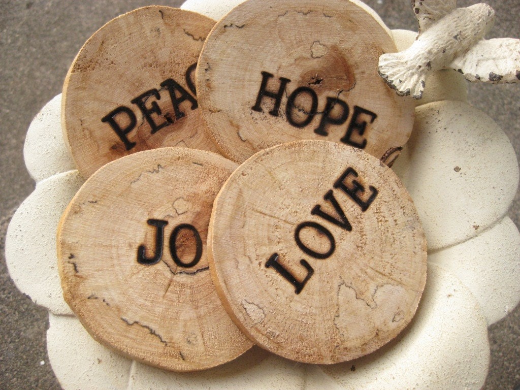 Four Engraved Wood Coasters - Peace, Love, Hope, Joy - Can Be Personalized