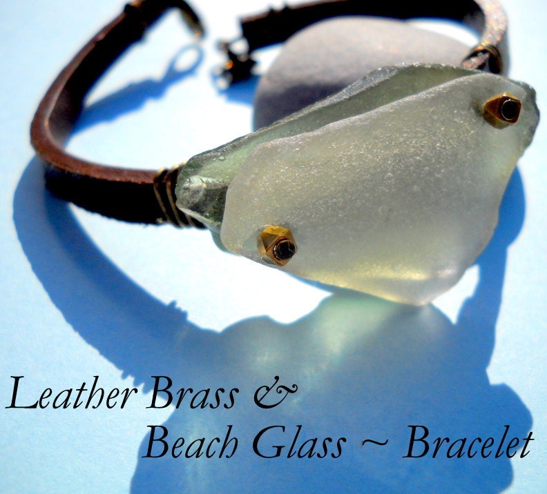 Beach Glass Bracelet - Leather Brass and Sea Glass - Unisex Bracelet