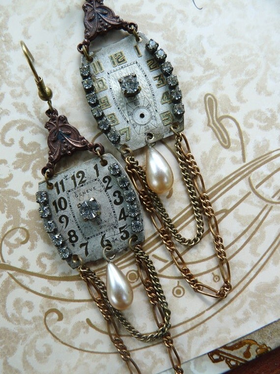 Vintage Assemblage Watch Earrings, Altering Time, beautiful antique watch faces with vintage rhinestone paste by Aliveness