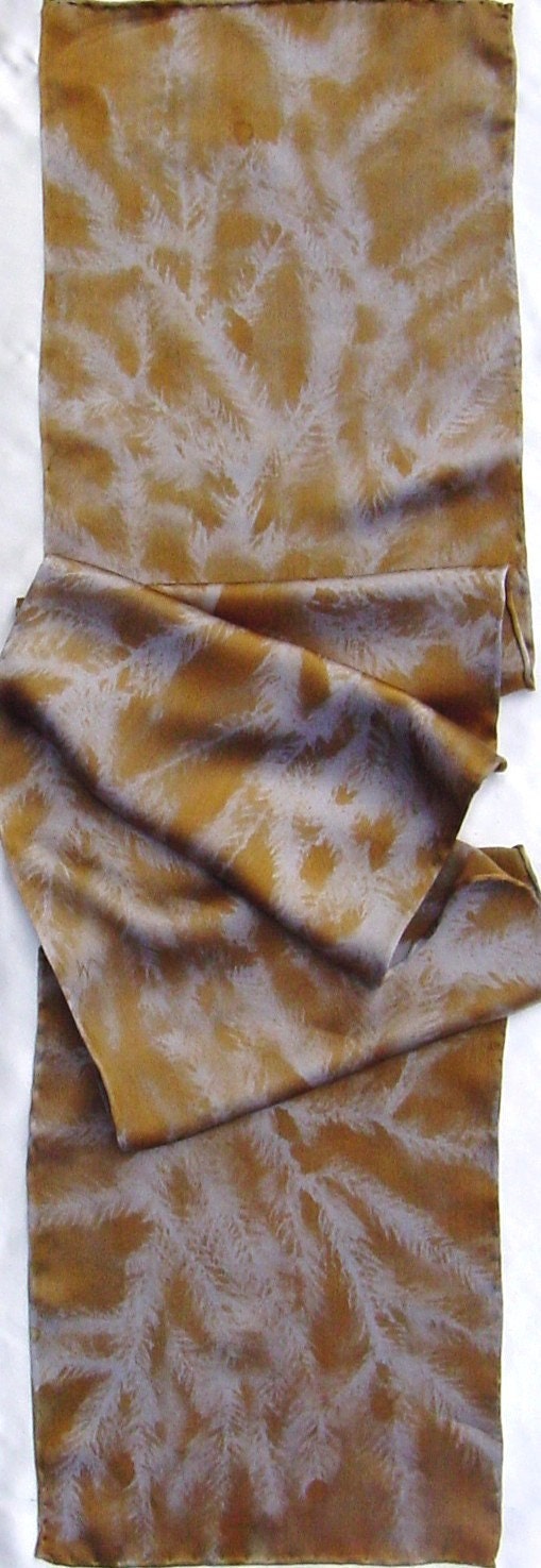 silk scarf Evergreen charmeuse hand painted pewter bronze unique - morgansilk