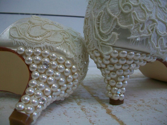 Ivory Свадебная обувь - босоножки Свадебная обувь - Старинные босоножки Жемчуг - каблуки Невеста-Кот Swarovski Crystal Свадебные - выбрать из более чем 100 цветов