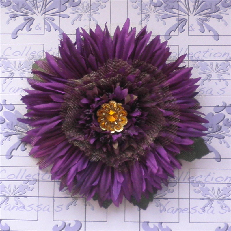Purple Flower Hair Clip Daisy, Gold Sequin, Gold Tulle - Silk Flower Clip - Wedding, Prom Plum Accessory