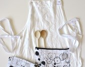 kitchen apron - white linen apron with 2x matching kitchen towels - foodie gift - black and white - modern kitchen - ostat
