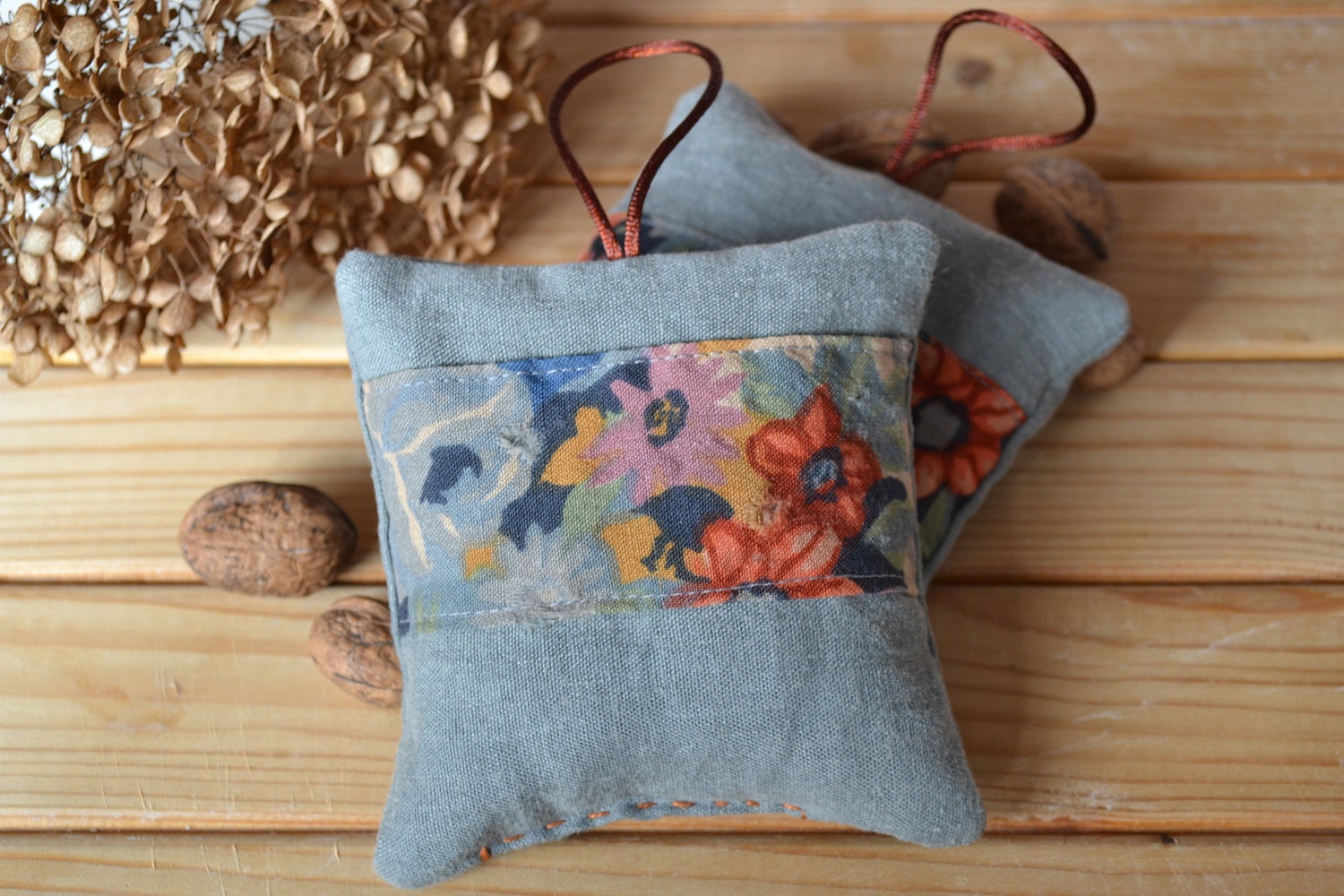 primitive floral lavender sachets - vintage floral liberty fabric - mother's day gift - grey green linen