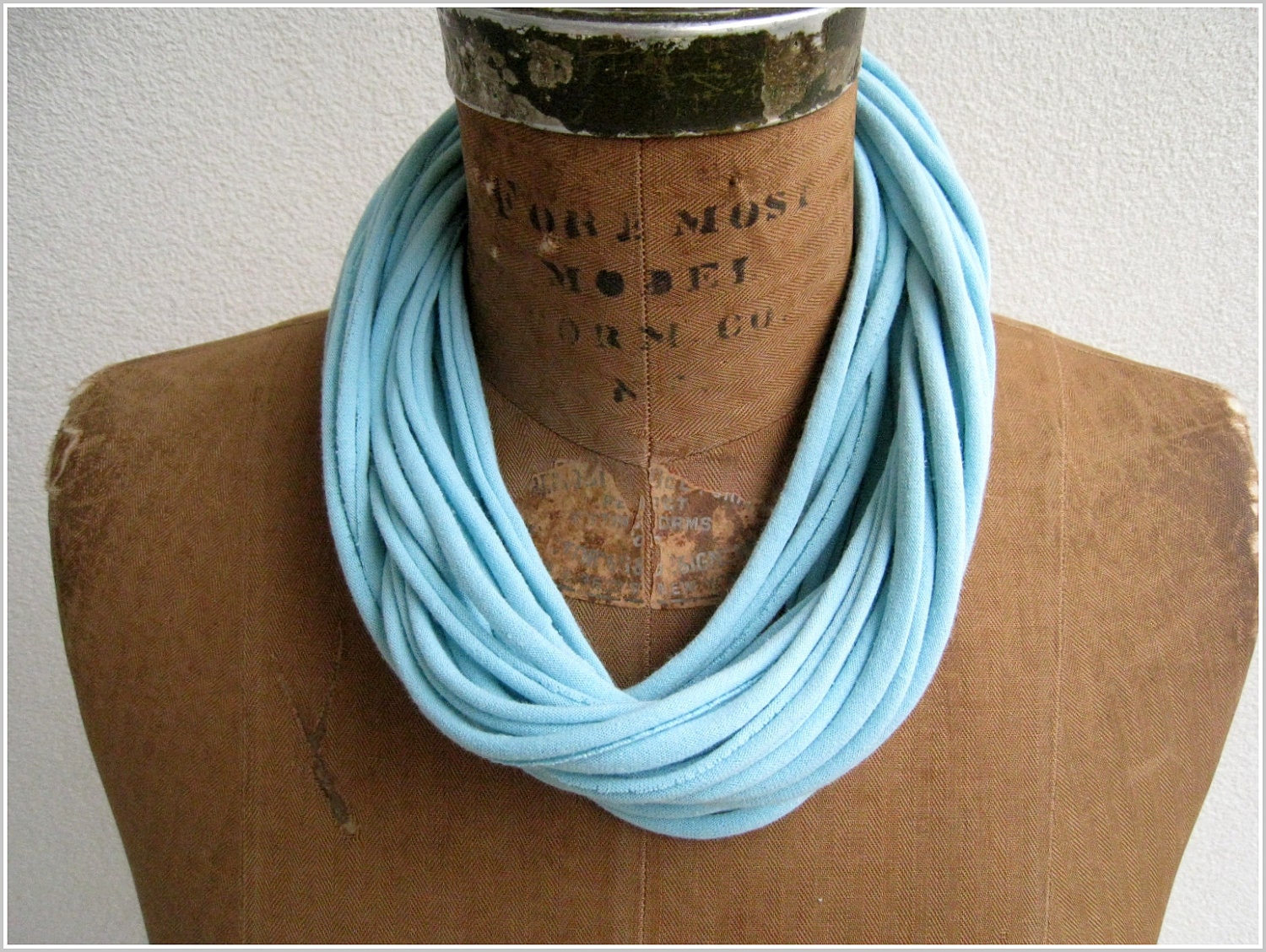Pale Aqua Blue Turquoise T Shirt Tee Necklace / Long Short Choker / 23" Long / 58 cm / Women / Repurposed Tee