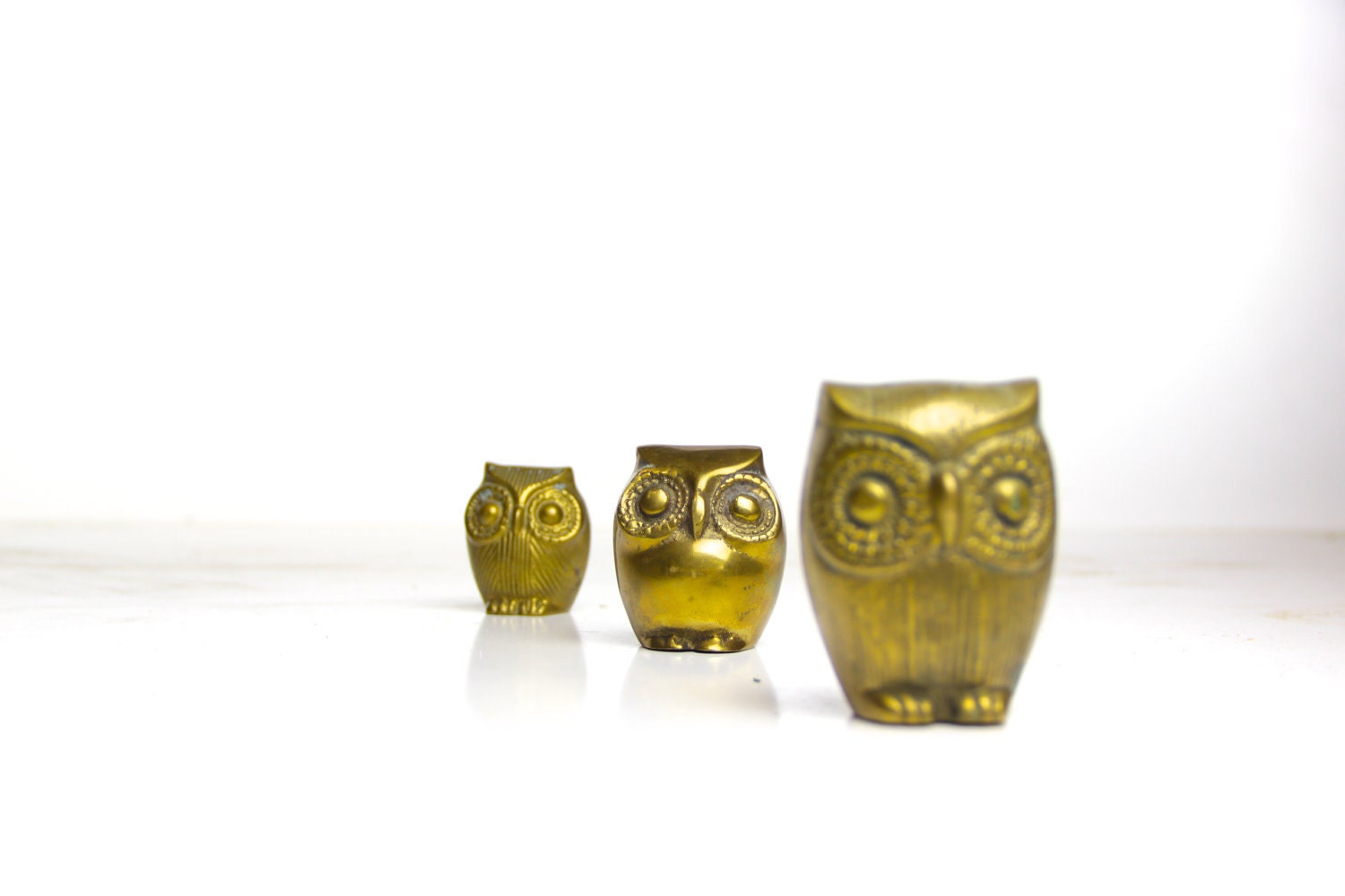owl, family, brass, figurine, vintage, gold, paper weight, home decor