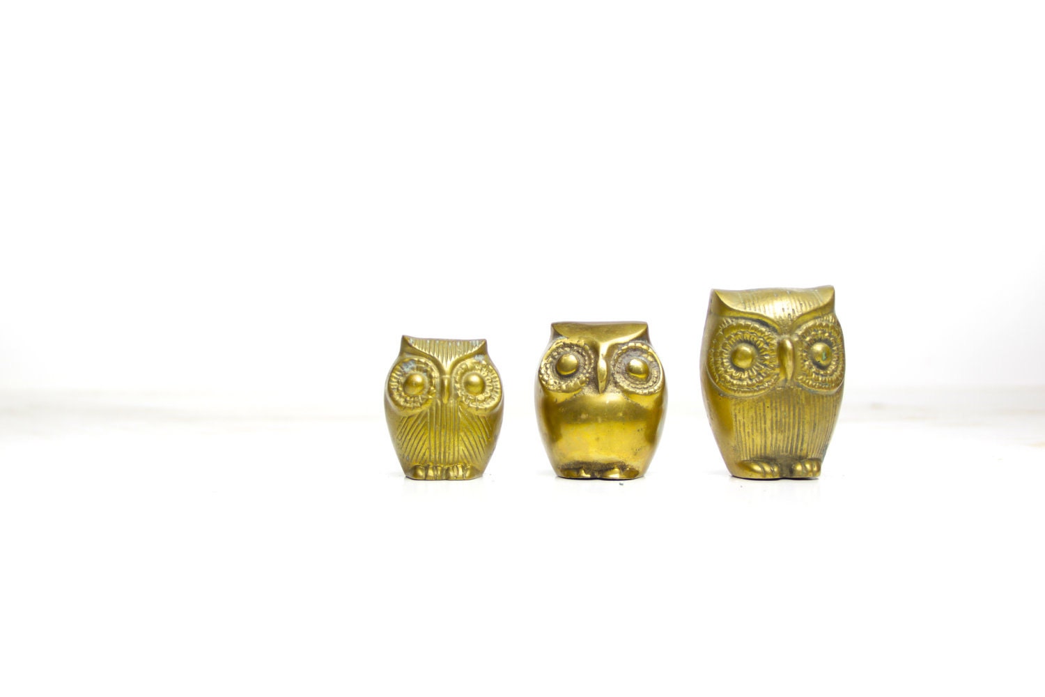 owl, family, brass, figurine, vintage, gold, paper weight, home decor
