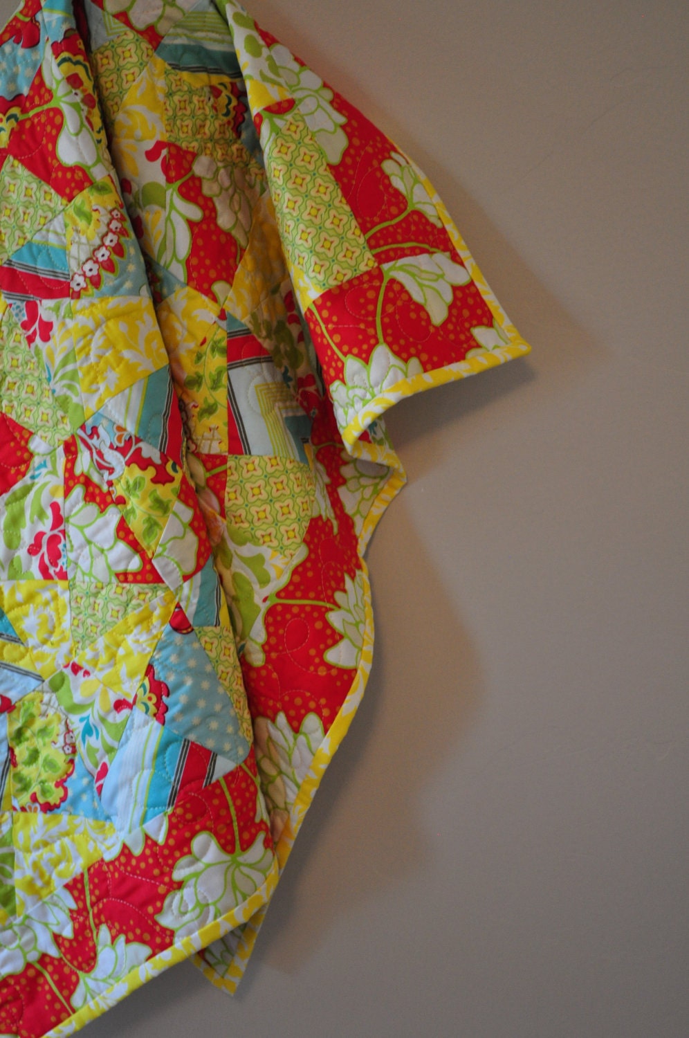 Modern Unique Baby or Toddler Blanket Quilt Gift in Red, Aqua, and Yellow Pop Garden Fabric by Heather Bailey