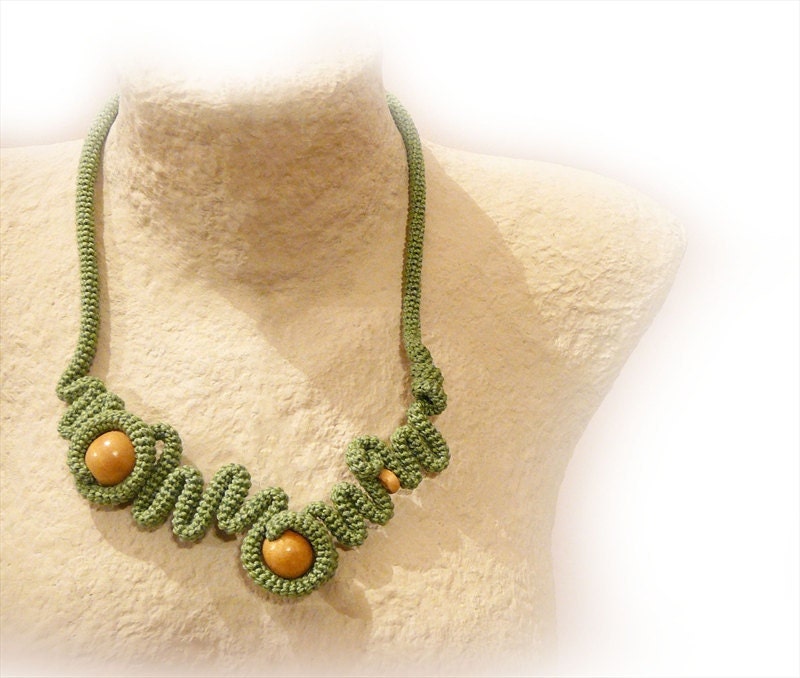 Handmade Bib Necklace, Crochet Necklace, Geometric, Free Form, Pepper Green