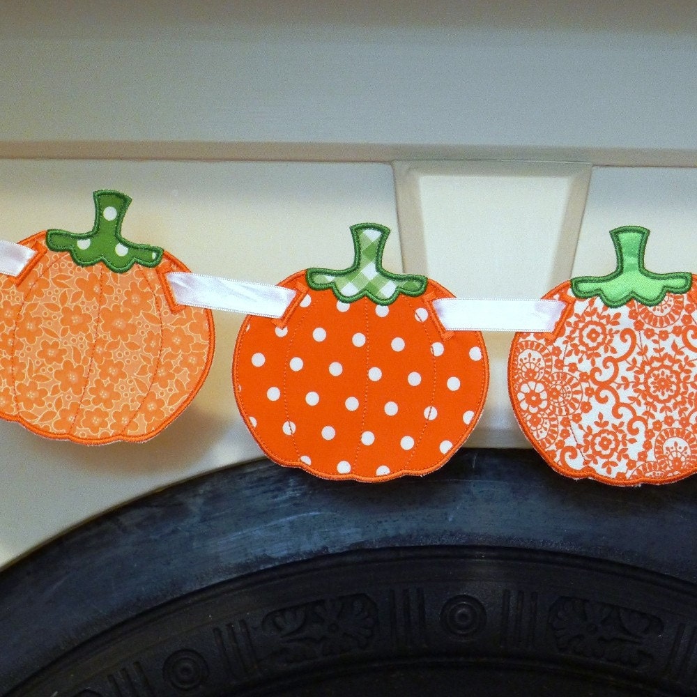 Pumpkin Banner In The Hoop Banners Machine Embroidery Design Applique Pattern 3 sizes 4", 5", 6" all done In-The-Hoop Halloween Thanksgiving