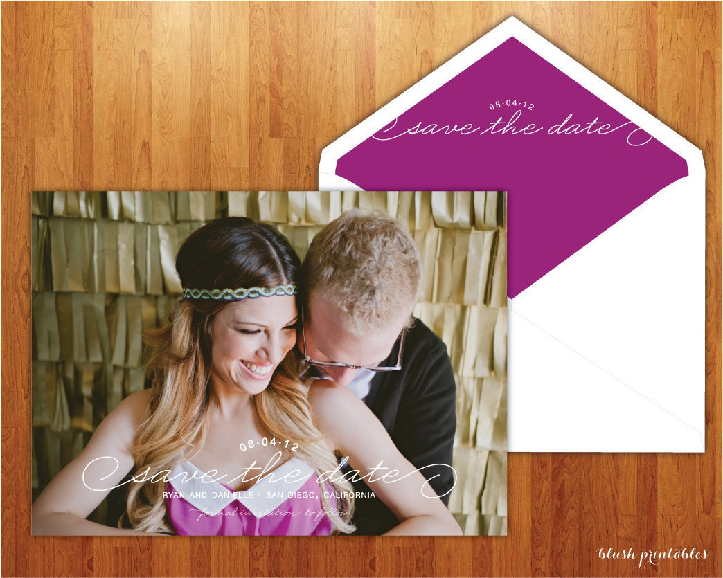 Whimsical Purple and Gold Save the Date Card - Photo Engagement Announcement - 5x7 JPEG Printable Card