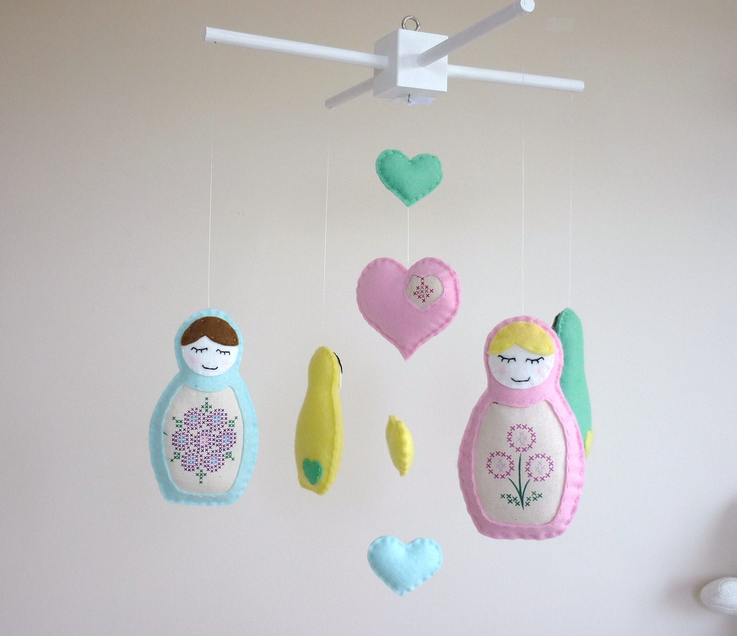 Pastel Matryoshka Baby Mobile -  Cot Mobile in Pastel Pink, Blue, Yellow and Green