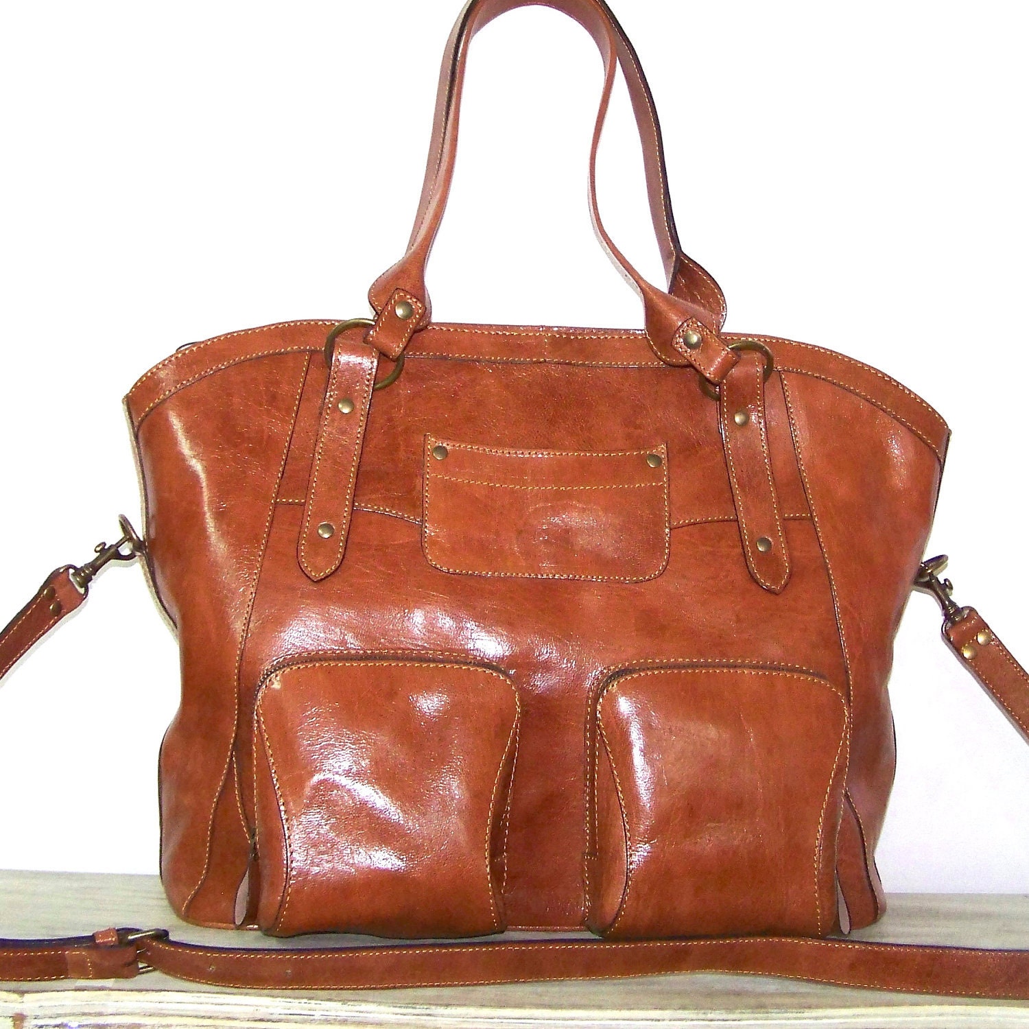 CARAMEL Leather Bag Tote Shoulder Crossbody Bag Handbag Magui XXL in tan fits a 17" laptop