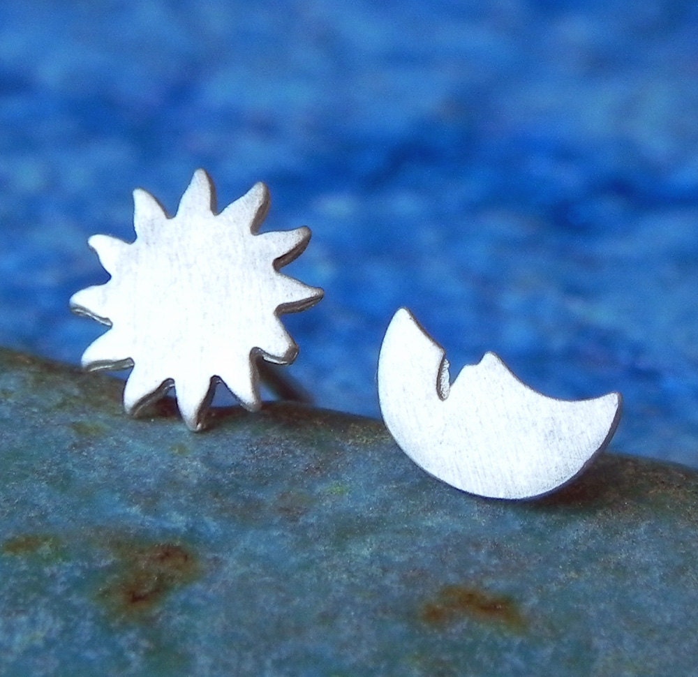 Really tiny sun and moon stud earrings  in sterling silver