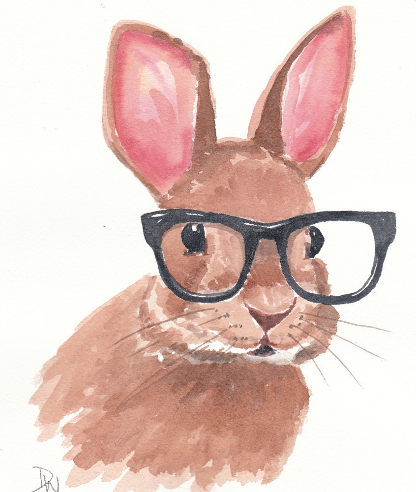 Original Rabbit Watercolor - Bunny Painting, Eye Glasses, 8x10