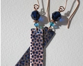 Navy Blue Dangle Bohemian Earrings, Long Hammered Copper Earrings, Hippie Jewelry