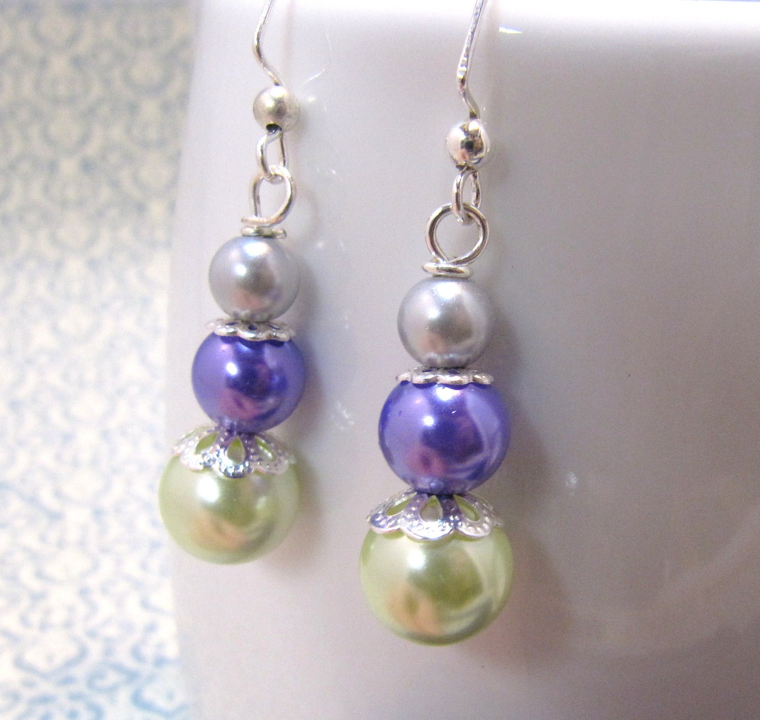 Light Green, Bright Purple and Gray Glass Pearl Silver Dangle Pearl Beaded Earrings - ebbead