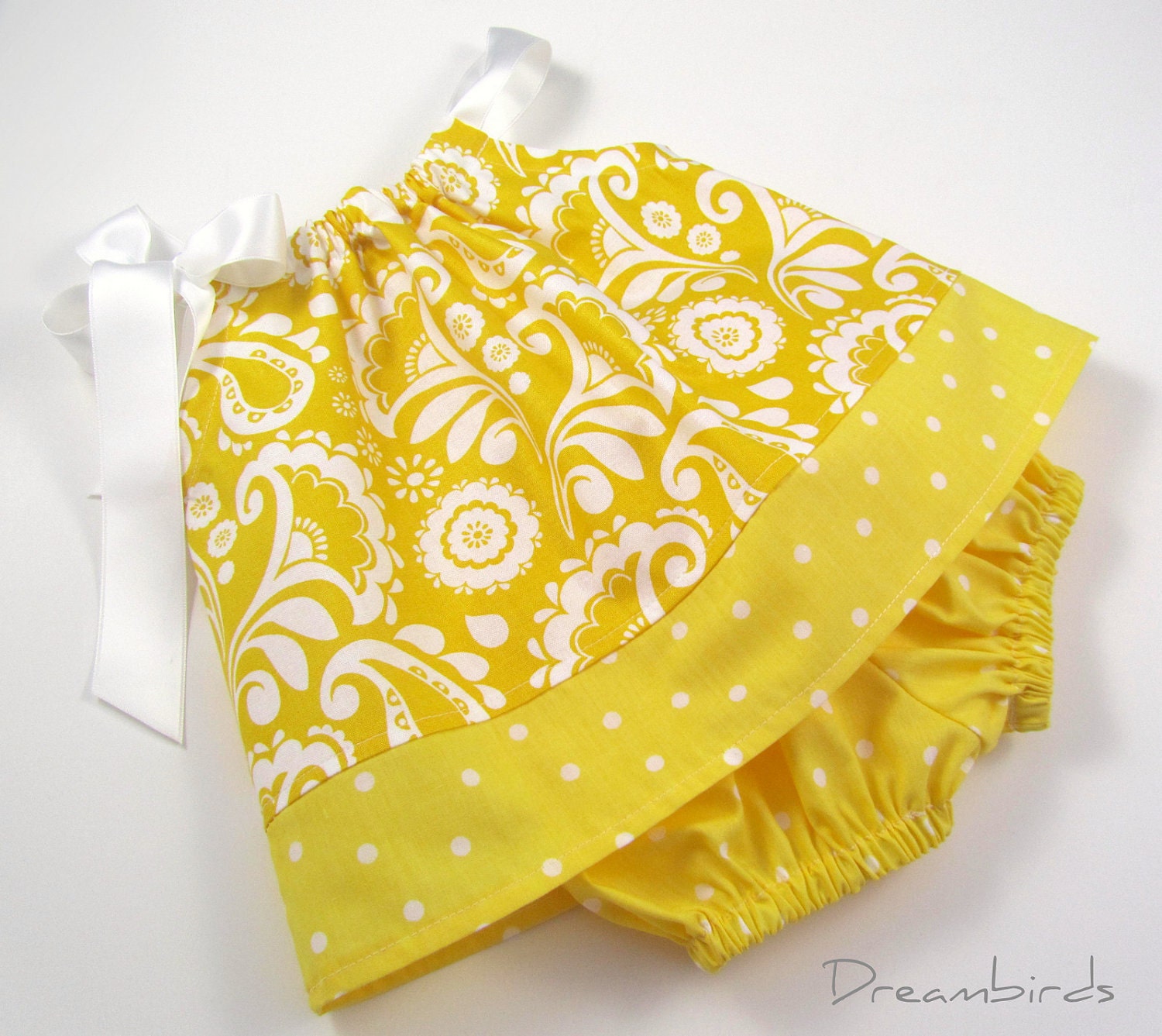 Infant Dress and Bloomers Outfit - Sunny Yellow and Crisp White - in Size Newborn or 6 Months - dreambirds