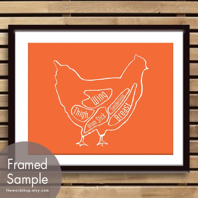 Chicken Butcher Diagram of a Hen -8x10 Print (featured in Crimson Orange) (Buy 3 and get One Free)