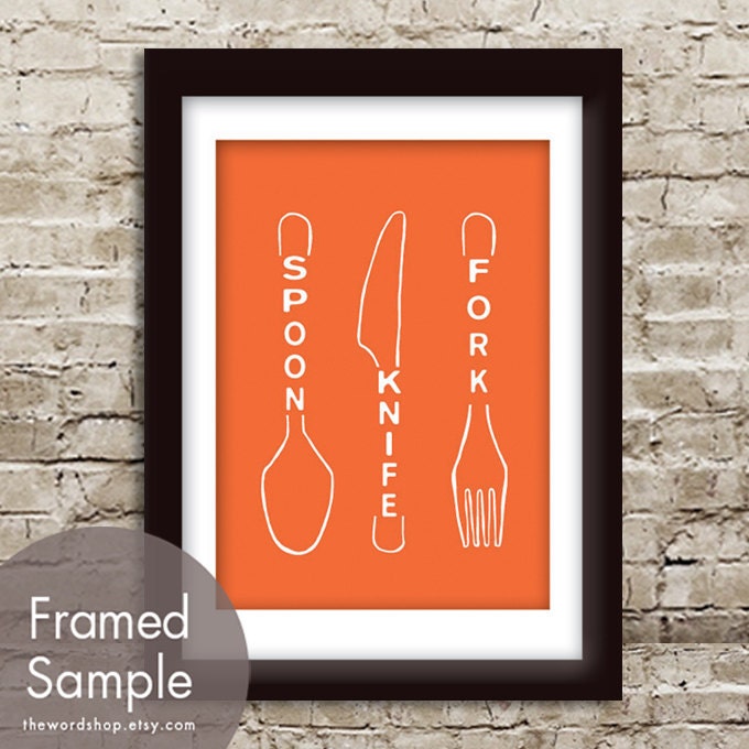 Spoon Knife Fork (Kitchen Utensil Art) 5x7 Print (Featured in Crimson Orange) Buy 3 Get One Free
