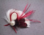 Bridal Feather Fascinator, Feather Hair PIece, Wedding Hair Accessory, ivory, red, feather hair clip, Valentine's Day - PEPPERMINT