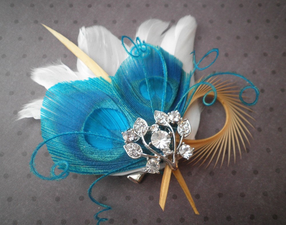 Bridal Feather Fascinator, Peacock feather hair clip, Feather Hair Piece, Wedding Hair Accessory, blue, teal, turqouise - TEAL PALMS