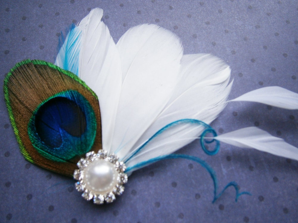 Feather Fascinator, Peacock, Feathered, hair clip, Wedding Hair Accessory, Hair Piece, Brides, teal, white - PEACOCK FAIRY